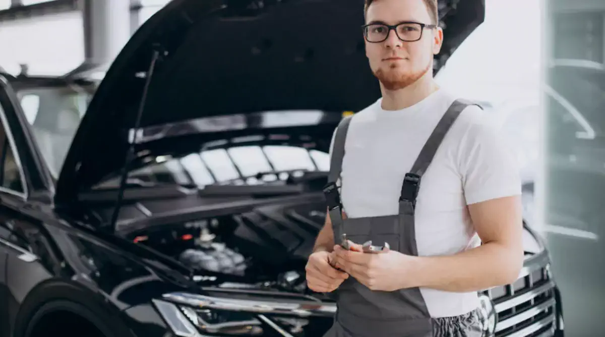 mechanic standing in front of a car